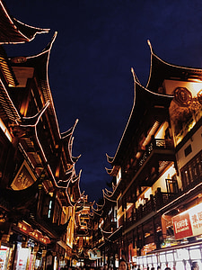china, shanghai, look up, city god temple, night, light, old buildings