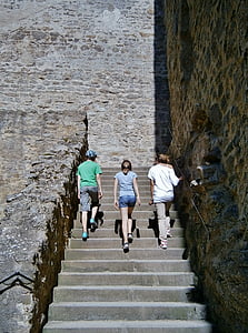 dzieci, schody, schody, kamień, stary, wspinać się po schodach, kamienne schody