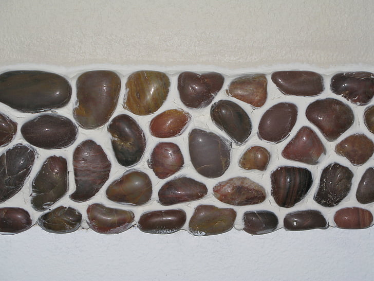 river rock, brown, white, caulk, mosaic, tile, natural