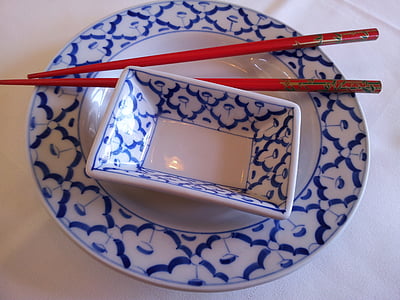 stolní nádobí, porcelán, Asie, deska, modrá, bílá, jídelní hůlky