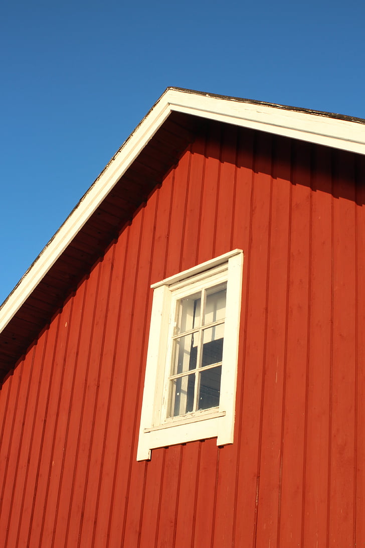 red house, blue sky, winter, the clear, board, wooden house, window