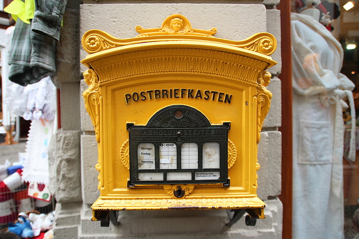 post, post mail box, old, yellow, mailing, letters, mailbox