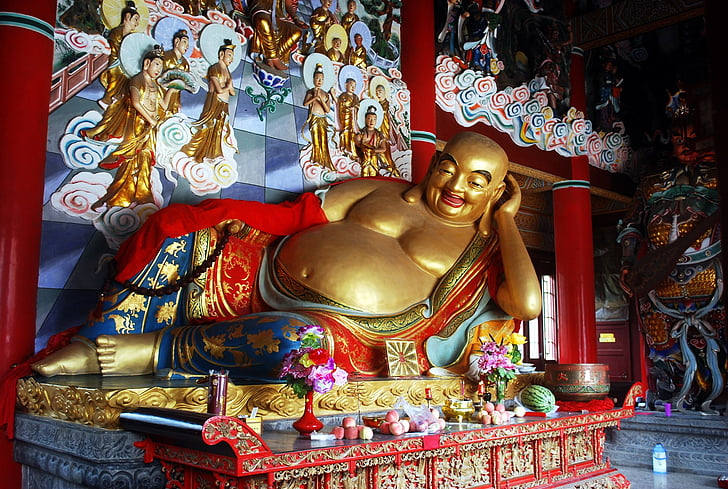 Buddha, laimīgs, smaids, reliģija, templis, dievība