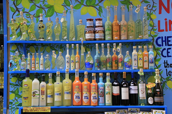 sorrento, bottles, limoncello, lemon, alcohol, glass, italian
