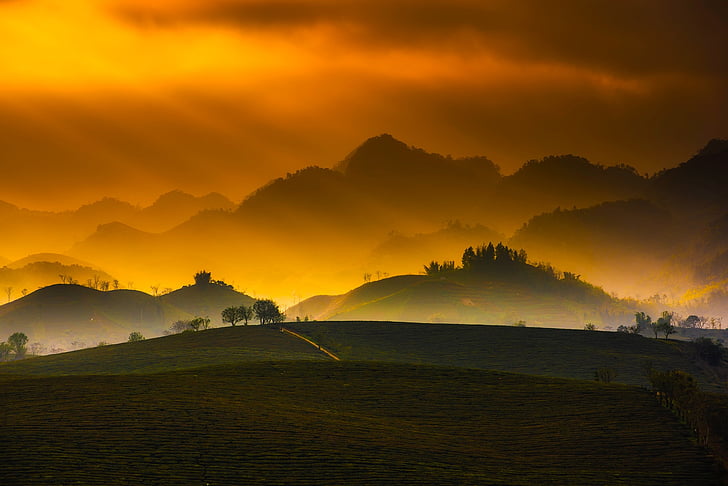 Vietnam, puesta de sol, al atardecer, montañas, hermosa, paisaje, Scenic