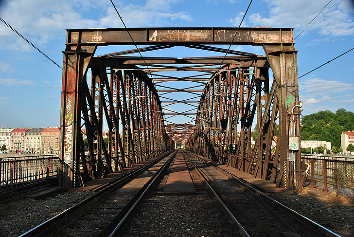 järnvägsbron, Rust, Street, slipsar, spår, järnvägsspåren, grus