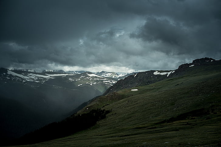 Molnigt, gräs, landskap, bergen, naturen, Utomhus, Sky