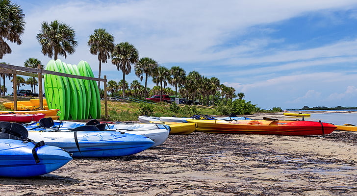 kayak, surfing, beach, boats, recreation, palms, seaside