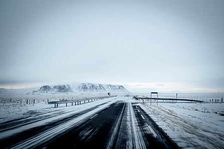 fotografie, weg, gedekt, sneeuw, bestrating, veld, platteland