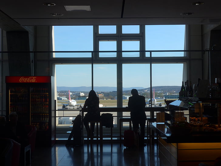 viatges, l'aeroport, esperar, finestra, barra, humà, silueta