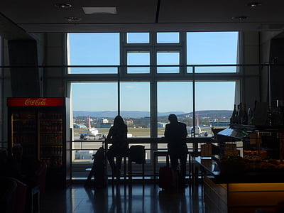 voyage, aéroport le plus pratique, attendre, fenêtre de, bar, humaine, silhouette