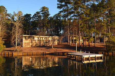 cabine, cabanes du lac, Lac maison, ponton d’accostage, pins, réflexion, en plein air
