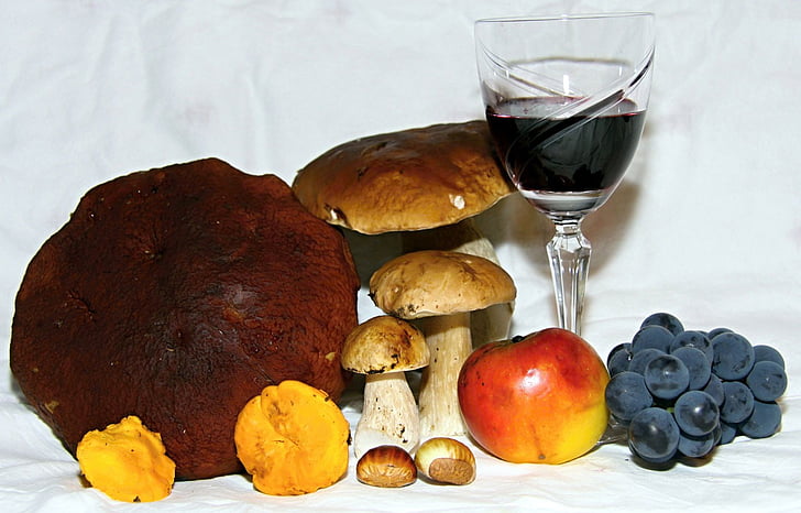 Осінь, продукти харчування, яблуко, гриби, червоний, вино, чорний
