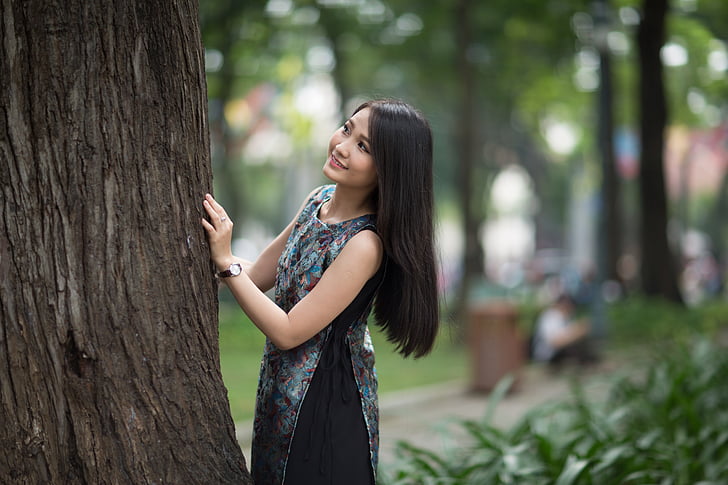 female, nature, girl, summer, portrait, outdoors, tree trunk