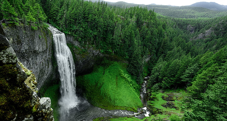 waterfalls, green, grass, hill, trees, water, stream