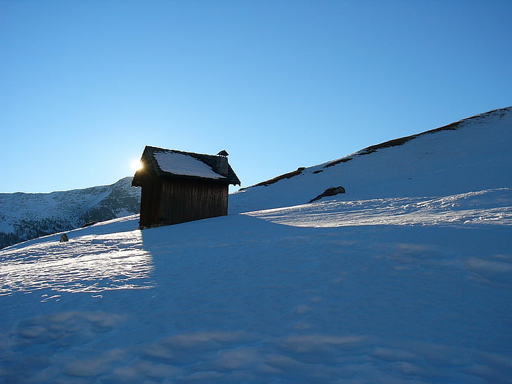 neige, hiver, Baita, froide, paysage d’hiver, blanc, Dolomites
