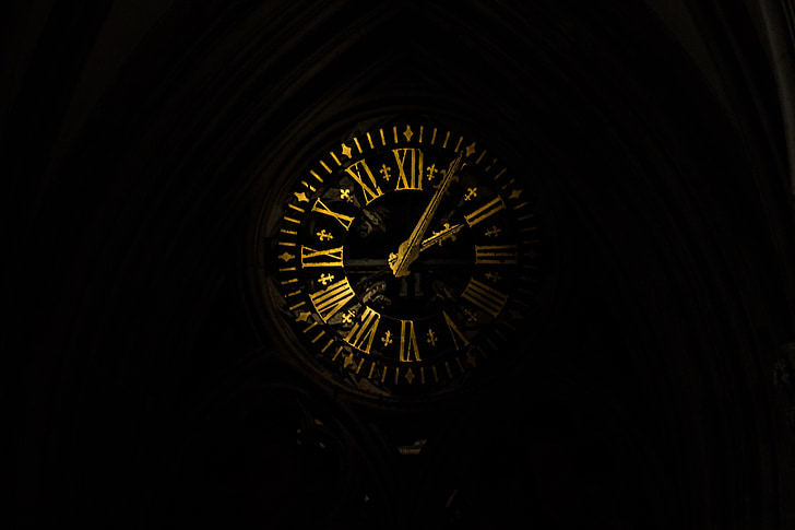 clock, time, old, roman, church, dark, night