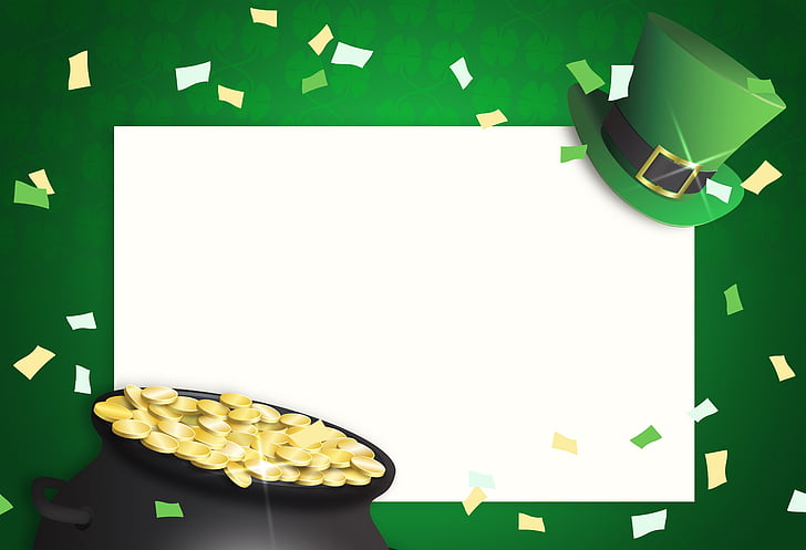 St patrick's day, Saint patricks günü, Altın pot, konfeti, Silindir şapka, cüce cin, İrlanda dili