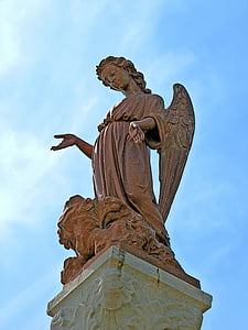 angel, statue, eve, wings, hands, sky, protection