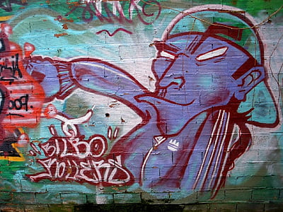 Bilbao, graffiti, beisbol, persona, cara, gorra, mural