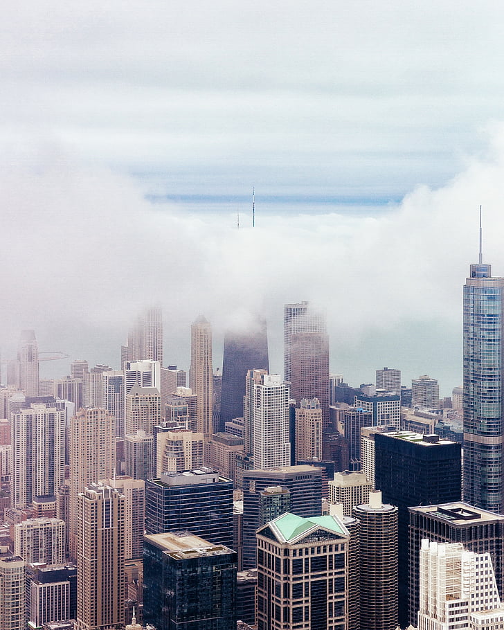 épületek, város, utca-és városrészlet, ködös, Skyline, felhőkarcoló