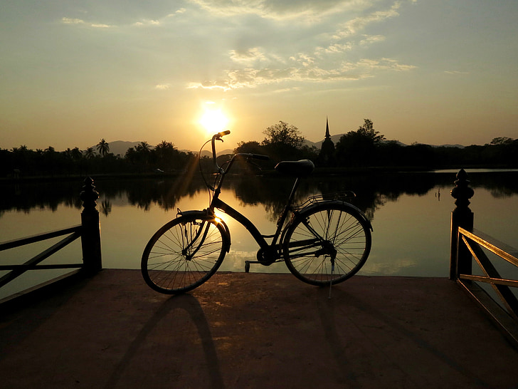 bicicleta, posta de sol, paisatge, cel, abendstimmung, Llac, l'aigua