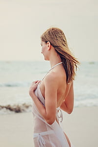 beach, young woman, holiday, ocean, woman, hair, bikini