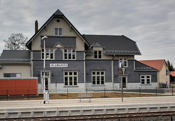 철도 역, 오래 된, fachwerkhaus, 듯, 철도