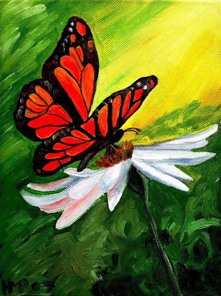 sommerfugl, Blossom, Bloom, maleri, olie, lærred, kunst