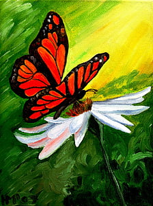 borboleta, flor, flor, pintura, óleo, lona, arte