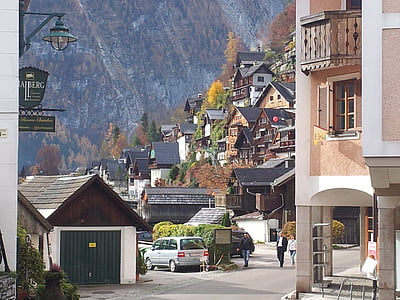 hallstadt, building, austria, mountains, road, streeet, homes