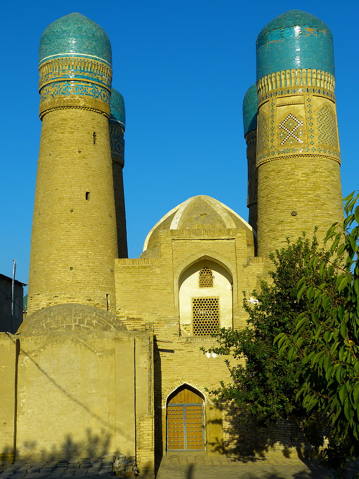 mošeja, nelielas kora, četri minaretiem, minarets, lūgšanas, Bukhara, Uzbekistāna
