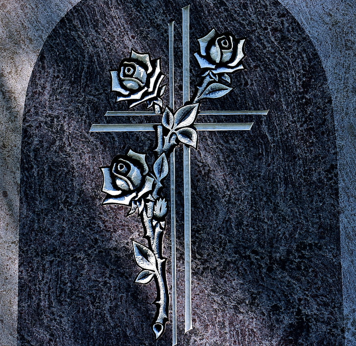 Cross, granit platta, mönster, rosor, grå, sten, tombstone