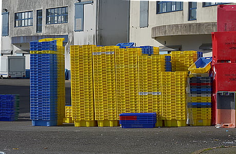 crates, plastic, auction, factory, wharf, colors, stacking