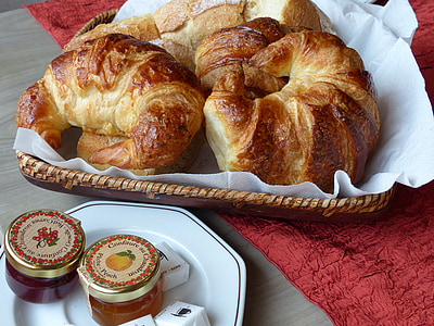 França, Vosges, pequeno-almoço, croissant, geleia, toalha de mesa, porcelana