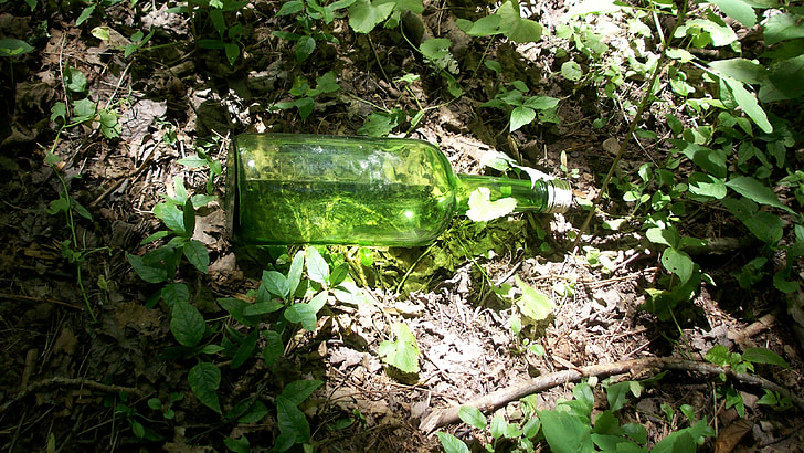 pudel, klaas, roheline, prügi, reostuse, keskkond