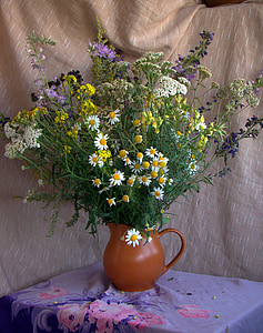 bouquet, pitcher, still life, art direction, flowers, chamomile, yarrow