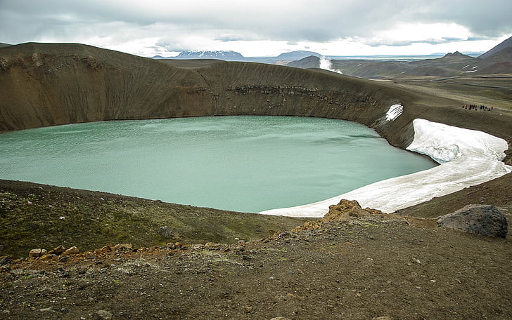 iceland, crater, volcano, lake, nature, mountain, landscape
