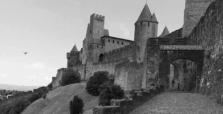carcassonne, france, medieval city, porte d'aude, entry
