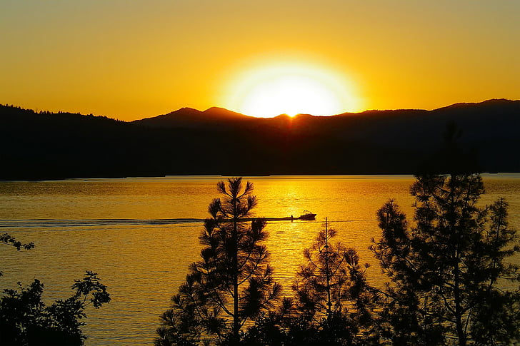 puesta de sol, paisaje, Scenic, Lago, recreación, esquí acuático, barco