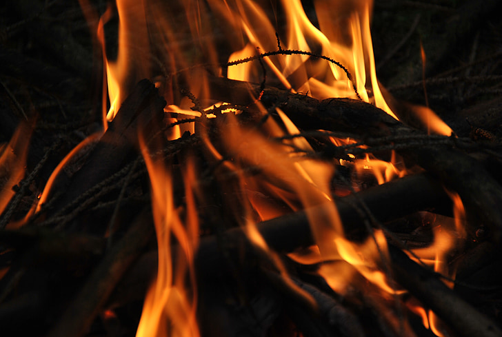 brand, brænde, flammer, træ, nat