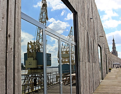 harbour cranes, mirroring, hanger, sky, clouds, blue sky, industry