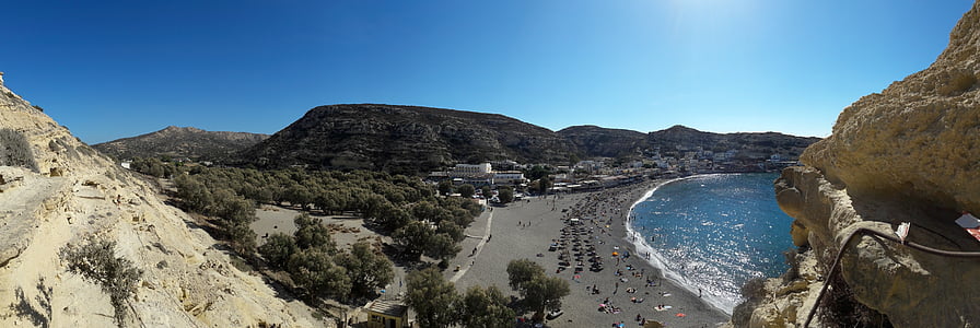 Matala, Kreta, stranden, Panorama, solstolar, badvatten, Holiday