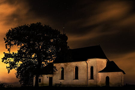 Kilise, ağaç gündoğumu, mistik, karanlık, gece, mezarlığı