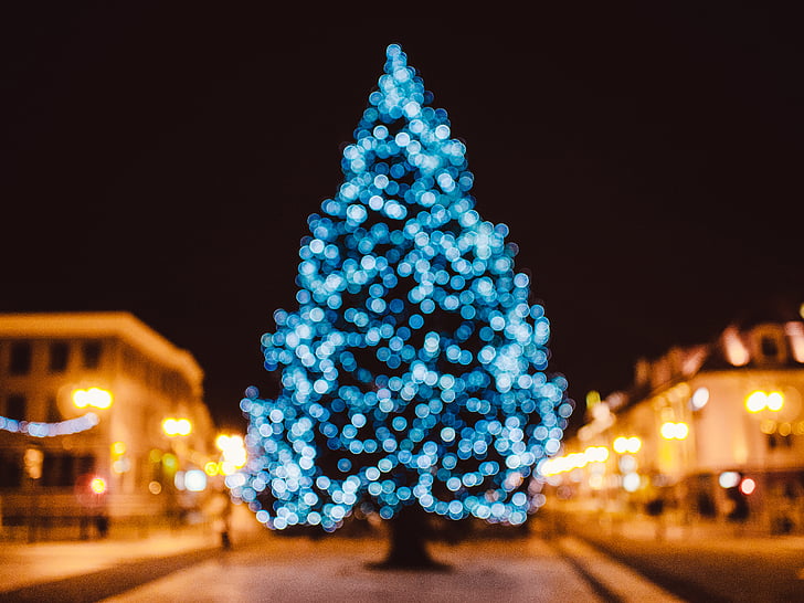 Baum, Blau, Zeichenfolge, Lichter, Nacht, Zeit, Weihnachten