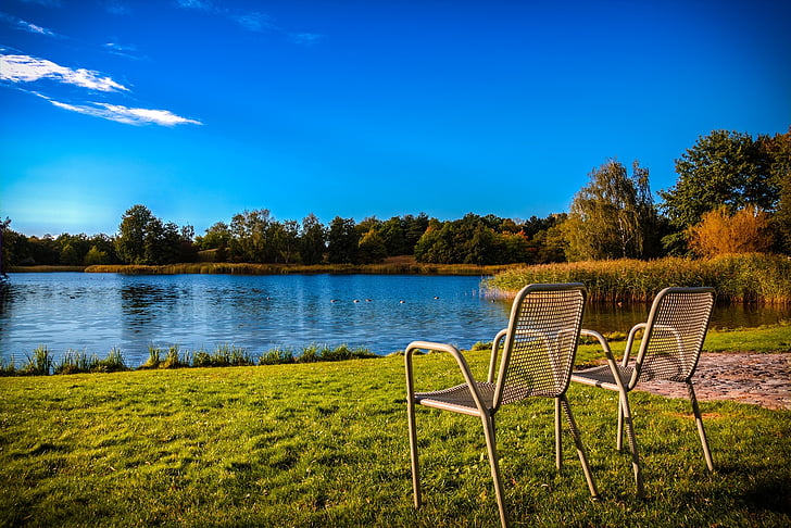 landscape, water, chairs, grass, lake, nature, outdoors