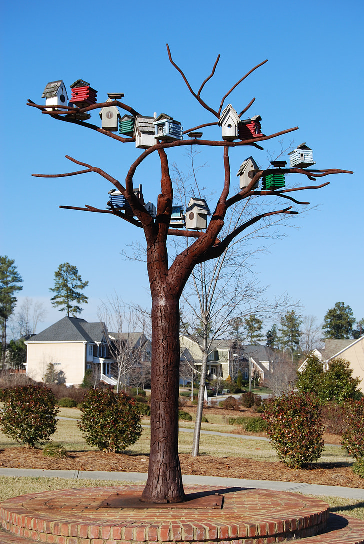 birdhouses, Bird házak, acél-fa, szobrászat, Észak-Karolina