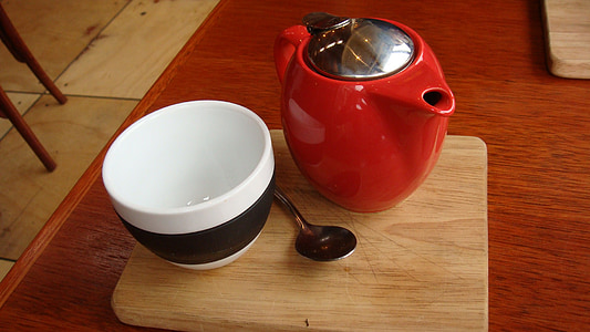 pohár, hrnec, konvice na čaj, čaj, červená, nápoj