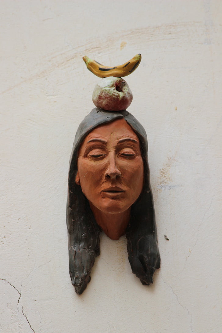 Inder, Kopf, Büste, Figur aus Ton, Keramik, Banane, Apple