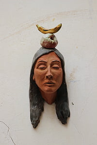 Indiens, tête, buste, figure d’argile, céramique, banane, pomme